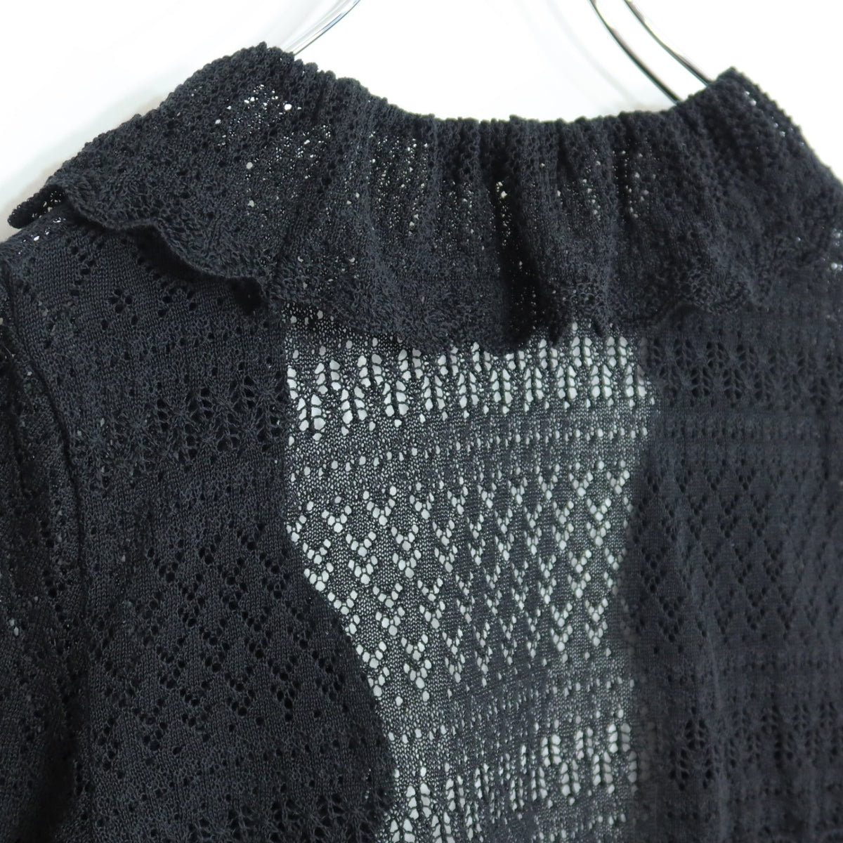【美品】インゲボルグ★上品な透かし編みが素敵♪フリル付き ロング カーディガン サイズ9号 黒系 z20723