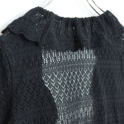 【美品】インゲボルグ★上品な透かし編みが素敵♪フリル付き ロング カーディガン サイズ9号 黒系 z20723