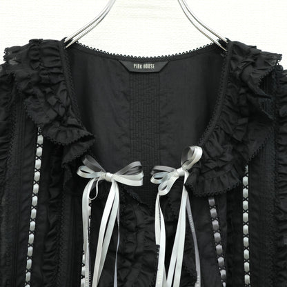 【美品】ピンクハウス★配色リボンデコレーション♪ローンブラウス 黒系 前開き 2024年製 z23561