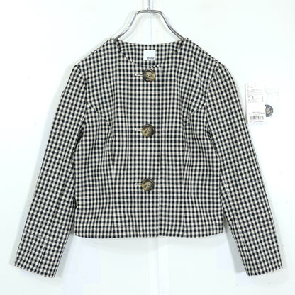 【極美品・紙タグ有】ジェンヌ★ノーカラージャケット ギンガムチェック サイズS 白黒系 綿麻♪z22037