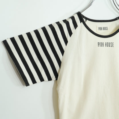 ピンクハウス★ラグランスリーブＴシャツ ロゴpt 半袖 シマシマ シンプル 大きいサイズL 白系 z22491