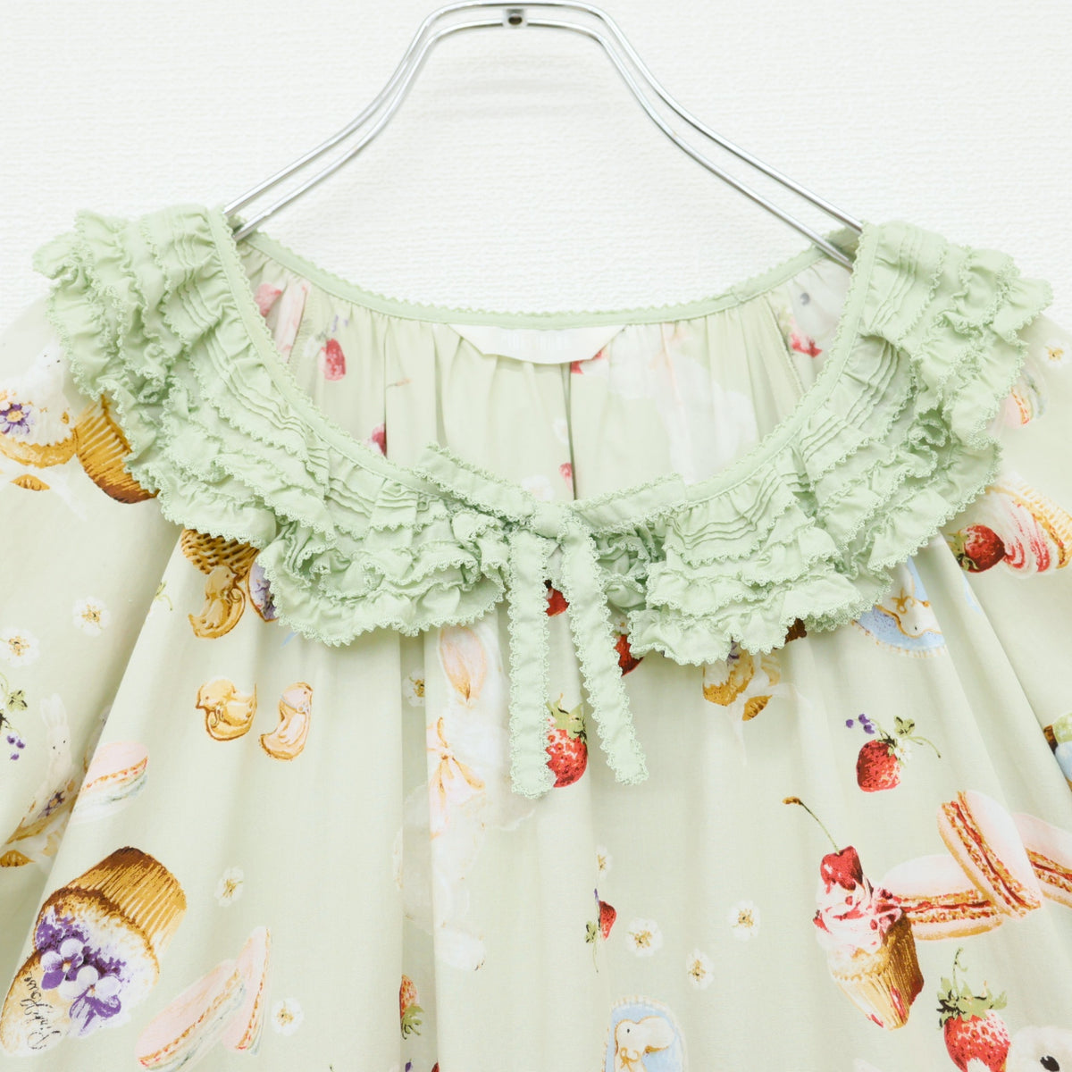 【美品】ピンクハウス★スイーツスプリングバニーpt♪半袖ミディワンピース ハッカ系 段々フリル&サテンリボン 2025年製 z23386