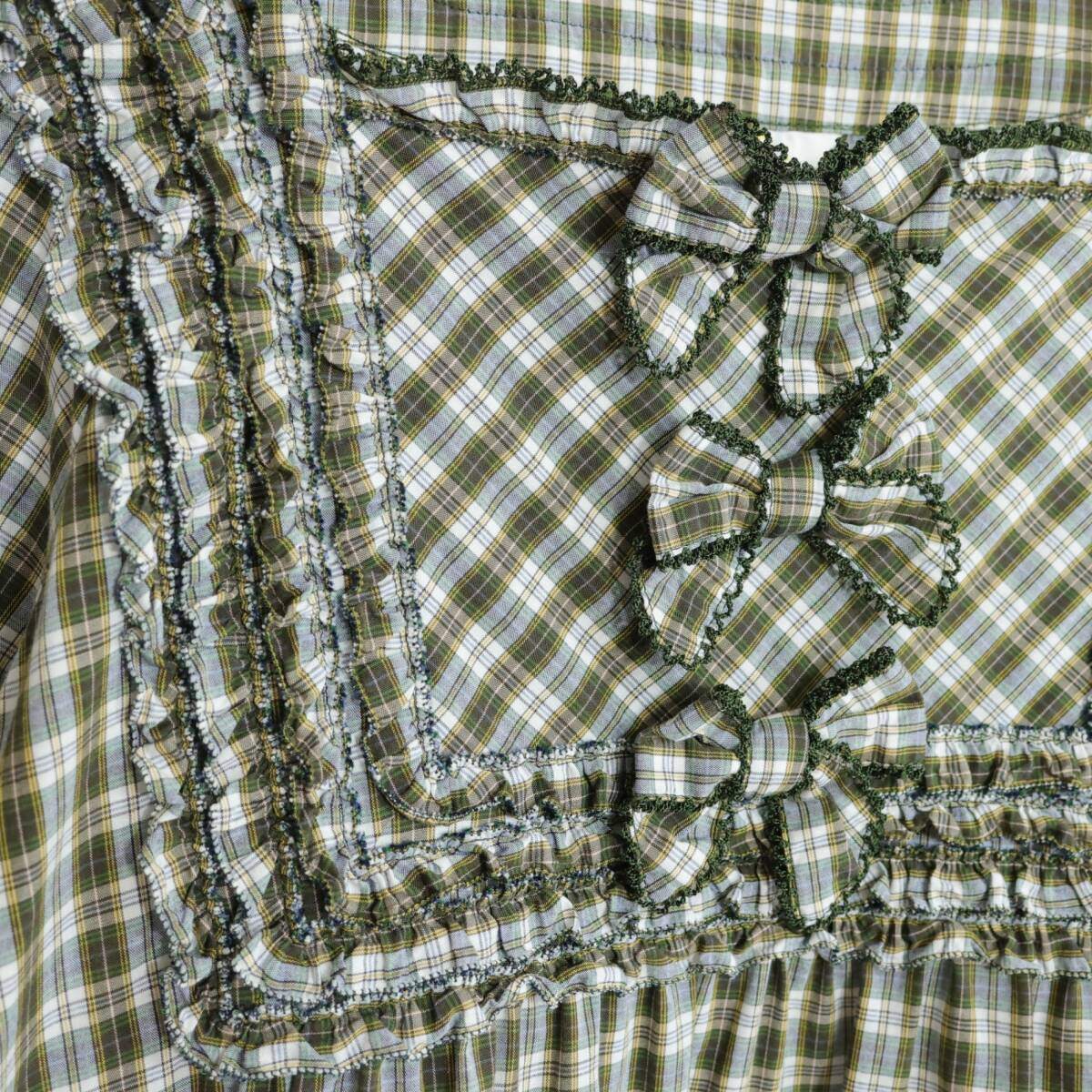 【美品】ピンクハウス★オリチェpt♪可愛いふんわりミニワンピ♪チュニック グリーン系 綿ローン 段々フリル&リボンも♪ z21384