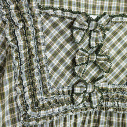【美品】ピンクハウス★オリチェpt♪可愛いふんわりミニワンピ♪チュニック グリーン系 綿ローン 段々フリル&リボンも♪ z21384
