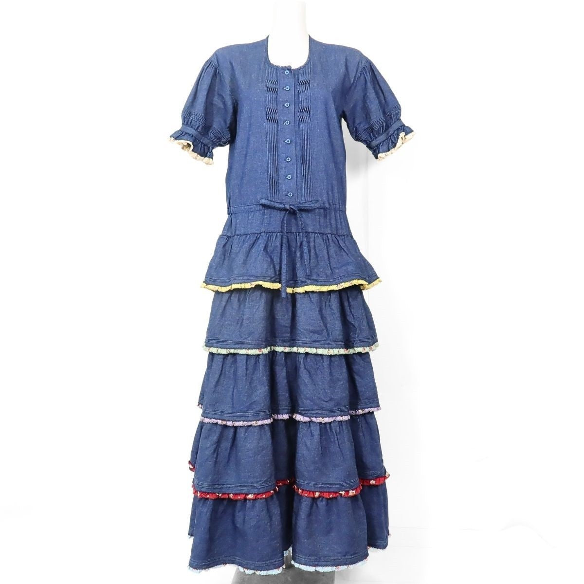 【レア美品！】ワンダフルワールド カネコイサオ★かぶせ段々♪デニムワンピース ネイビー系 カラフルなピコフリル♪z19738
