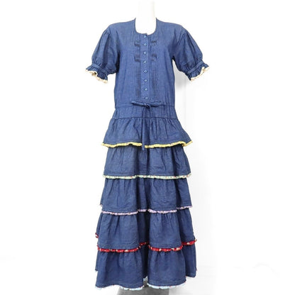 【レア美品！】ワンダフルワールド カネコイサオ★かぶせ段々♪デニムワンピース ネイビー系 カラフルなピコフリル♪z19738