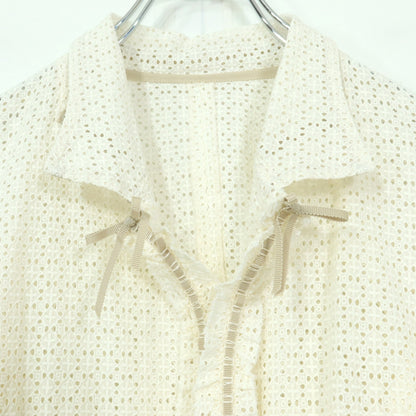 【美品】インゲボルグ★かぎ編みレースが可愛い♪リボン付き 透け感のあるジャケット♪サイズM 白系 z20371