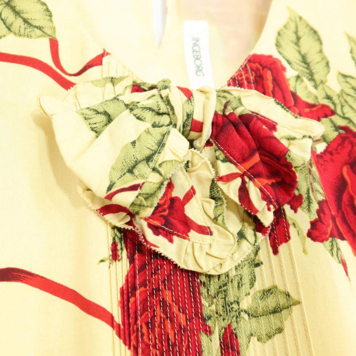 ピンクハウス★印象的！真っ赤な薔薇pt♪半袖ワンピース イエロー系 大きなリボン♪薄手 z20119