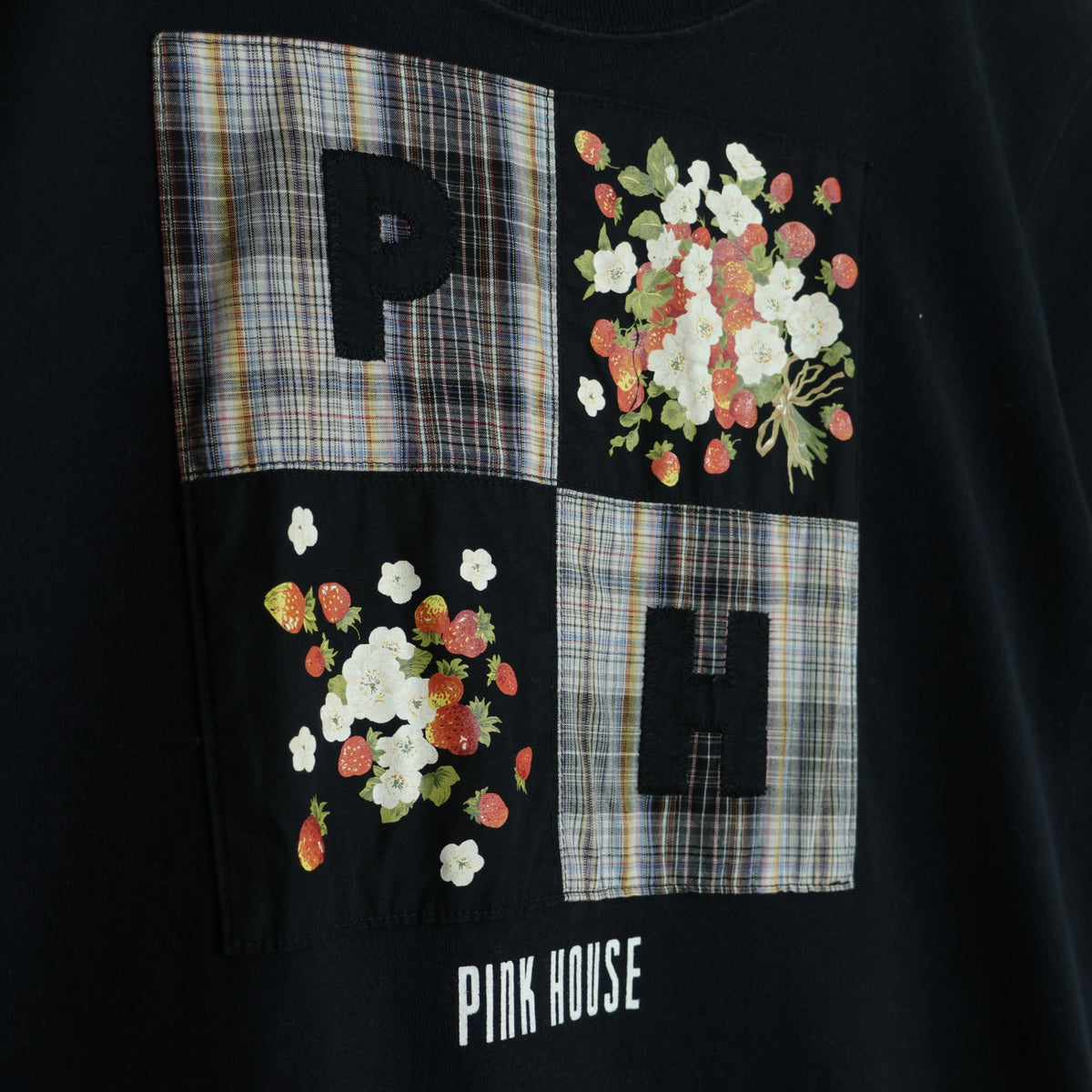 ピンクハウス★オリチェ&いちごptパッチワーク♪半袖カットソー Tシャツ サイズM 黒系 無地 z21930
