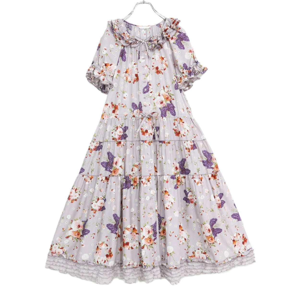【極美品】ピンクハウス★リボンブーケpt♪半袖ワンピース ラベンダー系 前開き 2025年製 z22688