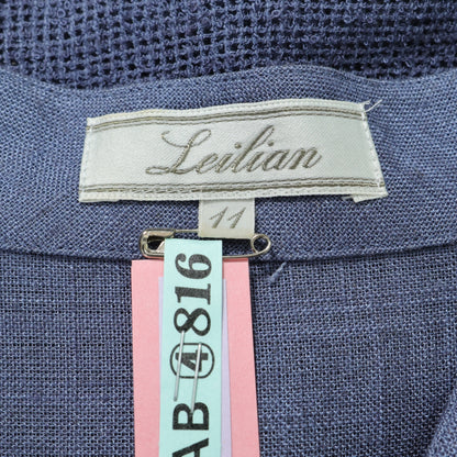 【美品】レリアン★麻混メッシュジャケット オリエンタル調ボタン サイズ11 ブルーグレー系 前開き 薄手 z22572