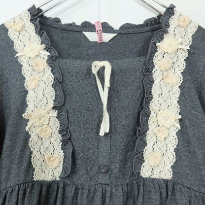 【美品！】ピンクハウス★お花モチーフ♪カットソー ピコレース パフ袖 ギャザー サテンリボン ビーズ グレー系 z19906