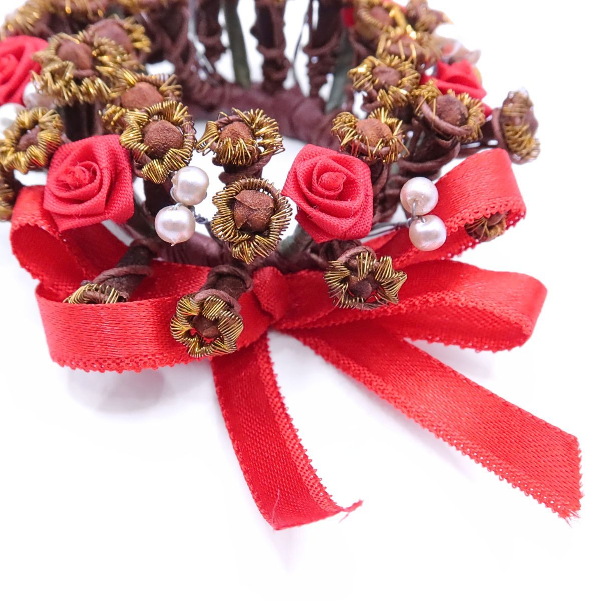 【美品】リースモチーフ ★オーナメント？赤薔薇 リボン パール ワイヤーフラワー ＊so174