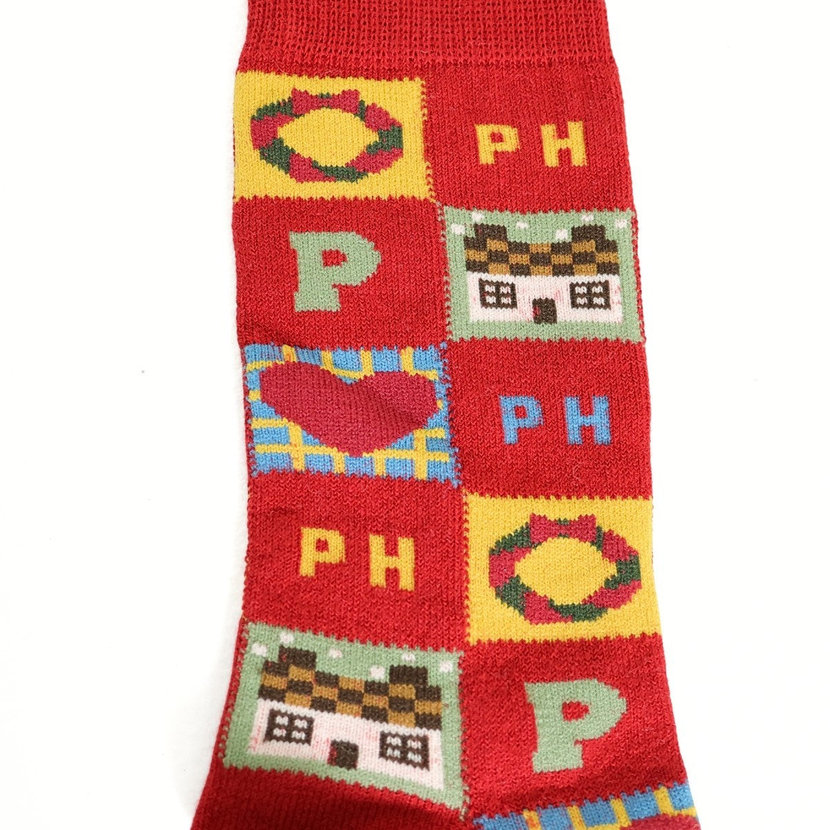 【美品】ピンクハウス★パッチワーク風総柄 クルーソックス 靴下  お家 ハート リース 赤系 so384