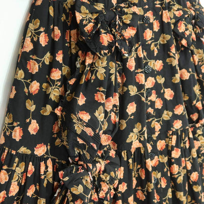 【レア美品】インゲボルグ★華やか薔薇pt♪七分袖ワンピース 黒系 前開き はしごレース&リボン♪薄手 z20078