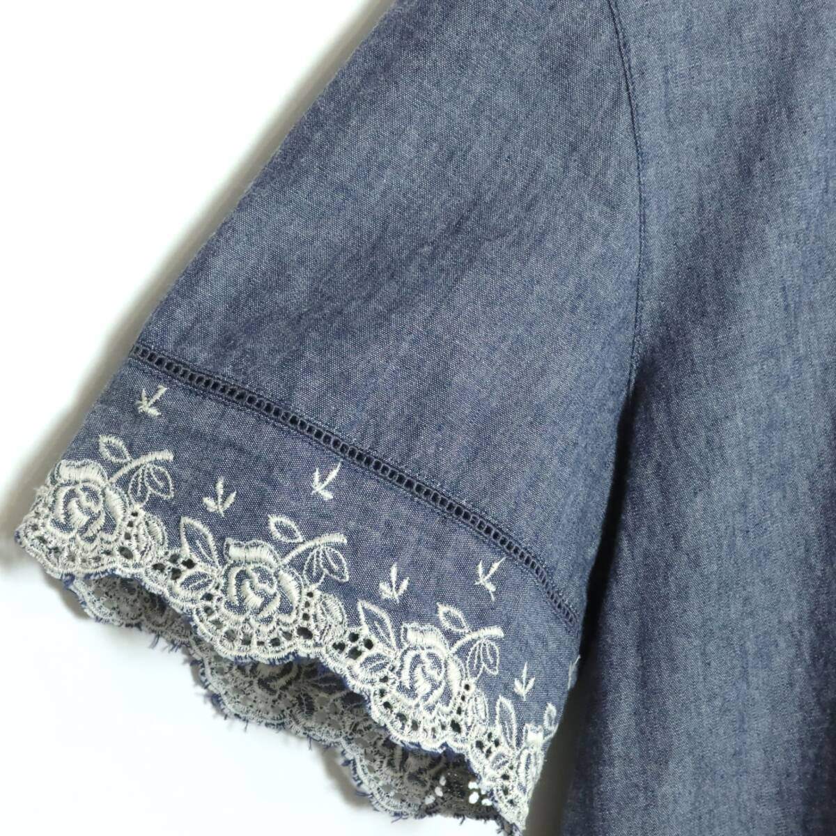 【美品！】ピンクハウス★繊細！薔薇レース 刺しゅう半袖ブラウス 後開き ピコレース ピンタック風 ギャザー ブルー系 ＊z18679