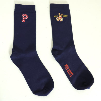 【美品】ピンクハウス★うさぎ刺しゅうが可愛い！ クルーソックス 靴下 ブロックチェック 紺系  so360