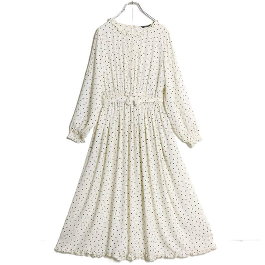 【美品】ピンクハウス★ドット柄ワンピース リボンコサージュ付き♪白系 フリル&ピンタック♪薄手 z16315