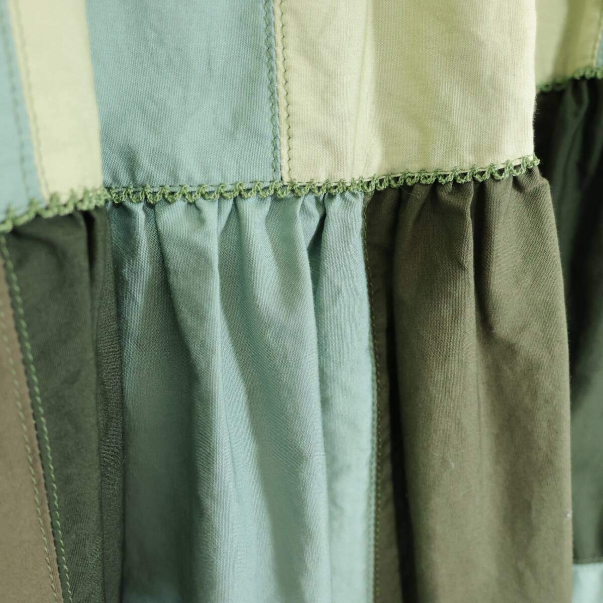 【レア美品】カネコイサオ★豪華な総パッチワーク♪ブロックチェック風♪ローンスカート グリーン系ミックス  z21329