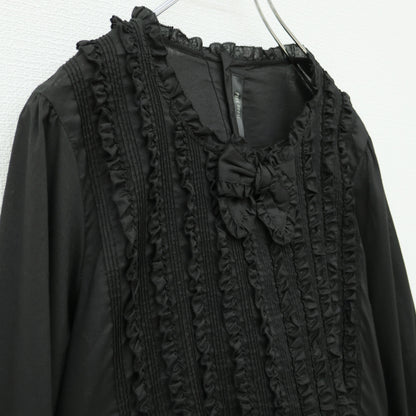 【極美品】ピンクハウス★たっぷりフリル&リボン使い♪長袖ローンブラウス 黒系 無地 薄手 z23293