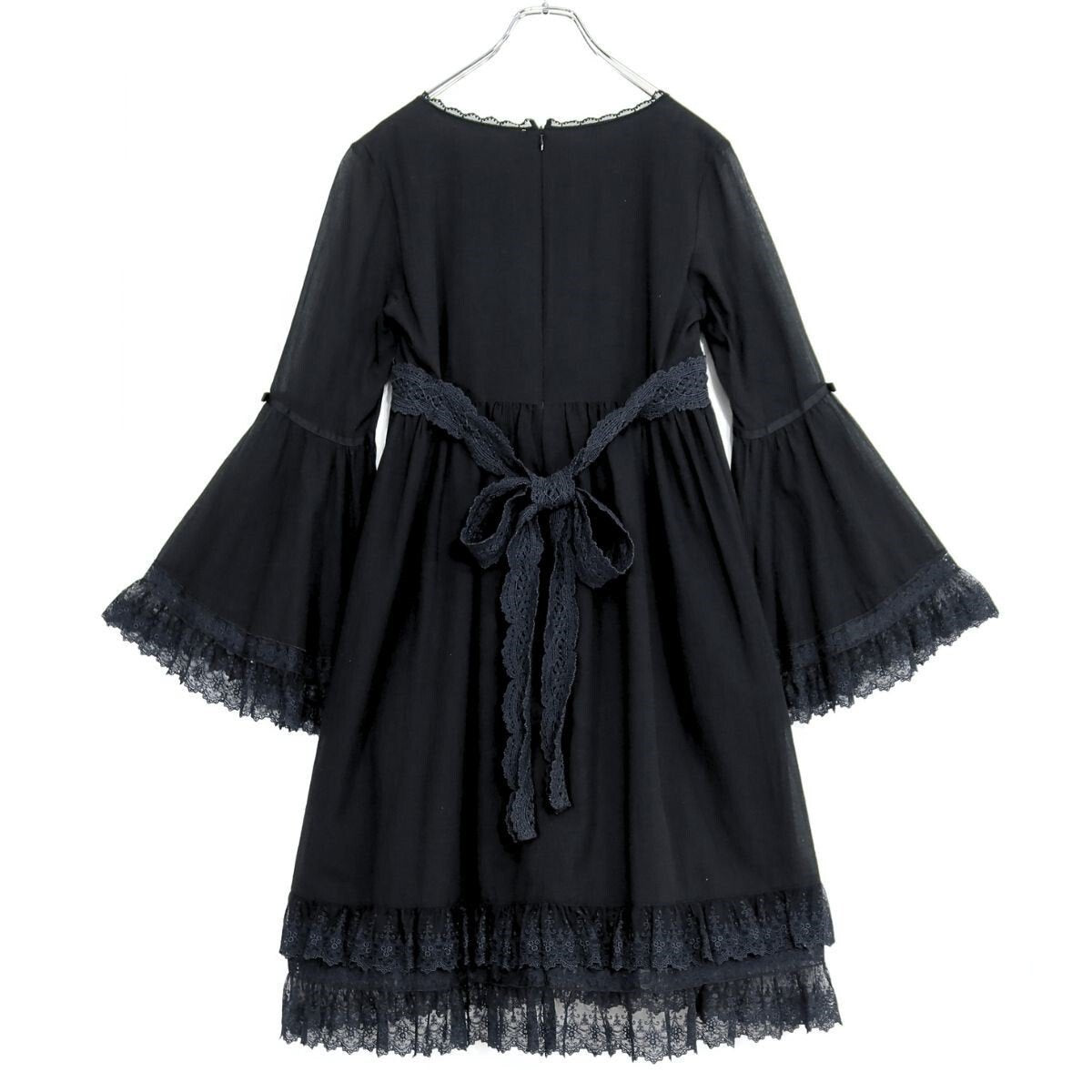 【極美品・紙タグ有】ピンクハウス★チュールレース使い♪ベルスリーブワンピース サイズM 黒系 無地 z20816