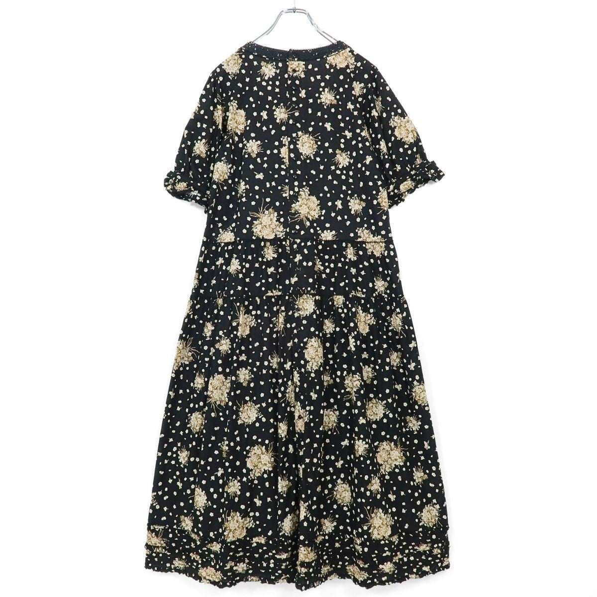 ピンクハウス★たくし上げ♪ブーケpt半袖ワンピース 黒系 リボン&スモッキング刺繡♪薄手 z19737