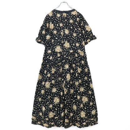 ピンクハウス★たくし上げ♪ブーケpt半袖ワンピース 黒系 リボン&スモッキング刺繡♪薄手 z19737