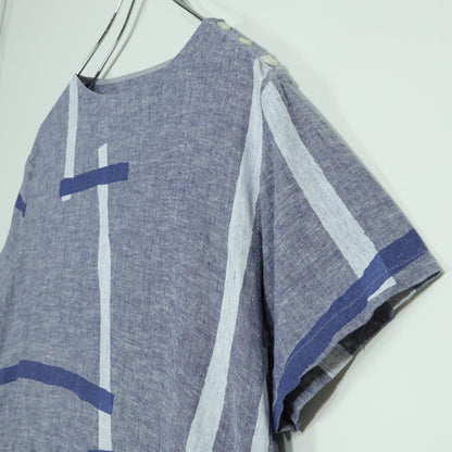 【美品】SOUSOU×le coq sportif BIKE★コラボワンピース♪鳶 半袖 麻混 ワンピース ブルー系 z22900