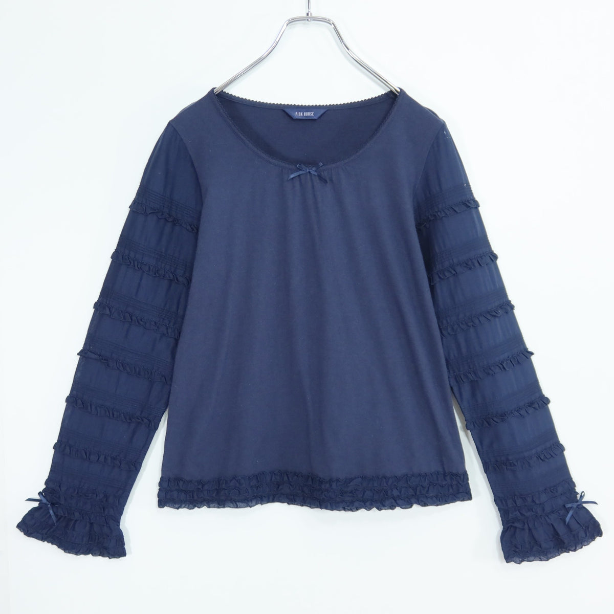 【美品】ピンクハウス★ローン袖付きカットソー 長袖 サイズM ネイビー系 薄手 段々フリル♪無地 z19971