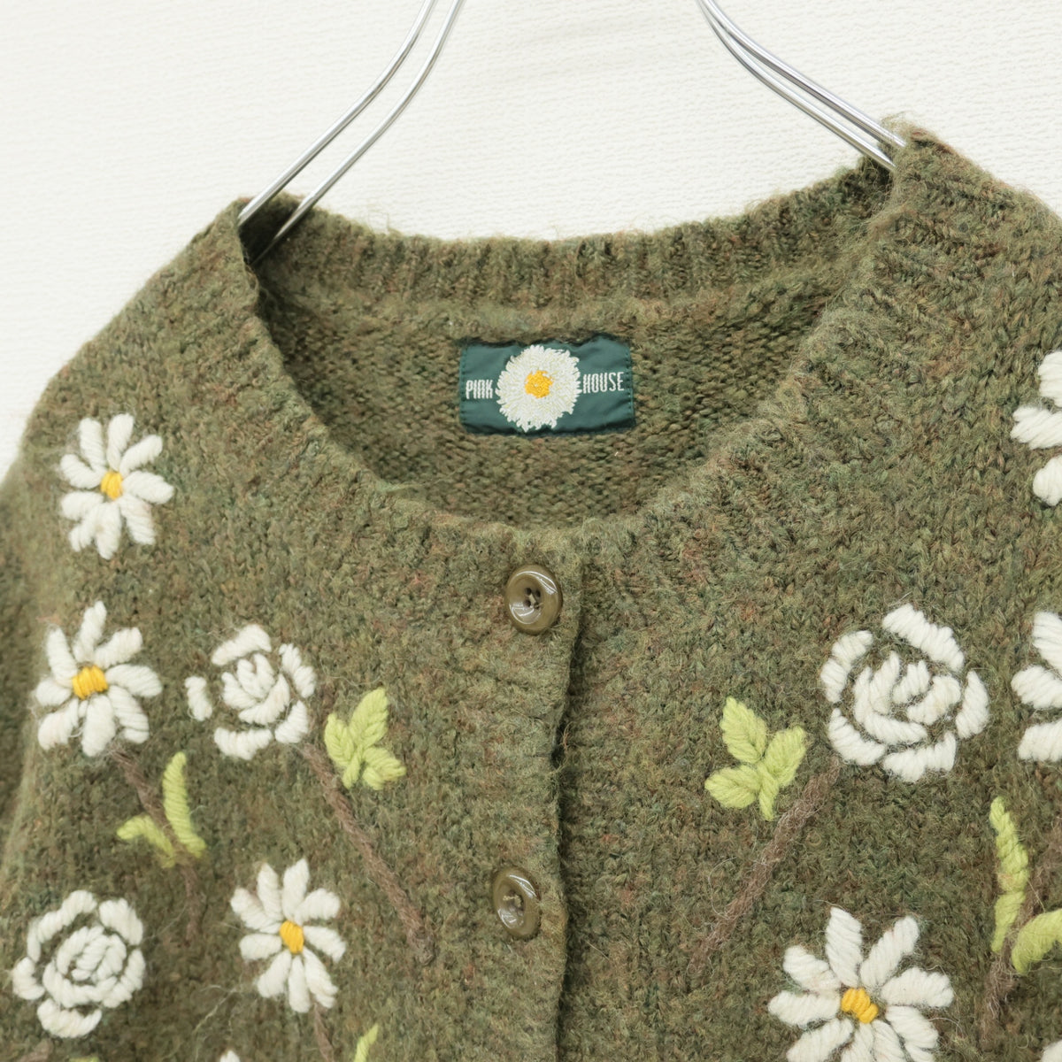 ピンクハウス★ひなぎく刺繍が可愛い♪ニットカーディガン カーキグリーン系 前開き 厚手 z23453