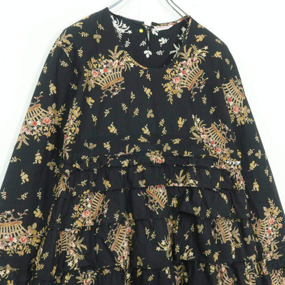 【美品】ワンダフルワールド カネコイサオ★かぶせ段々♪花かごptワンピース 黒系 ふんわりフォルム♪薄手 z20697