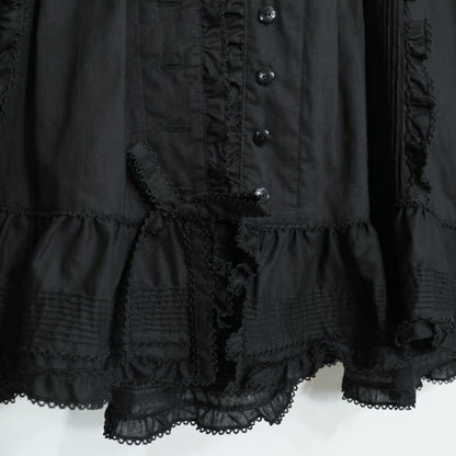 【美品】ピンクハウス★お花のモチーフ♪ふんわりローンブラウス 黒系 前開き サテンリボンも♪無地 z22169