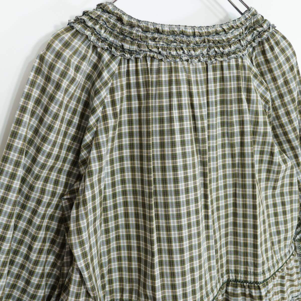 【美品】ピンクハウス★オリチェpt♪可愛いふんわりミニワンピ♪チュニック グリーン系 綿ローン 段々フリル&リボンも♪ z21384