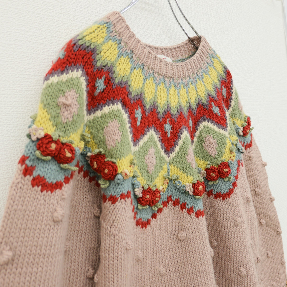 ワンダフルワールド カネコイサオ★カラフルなお花モチーフいっぱい♪長袖ニット セーター ピンク系 厚手 z23579