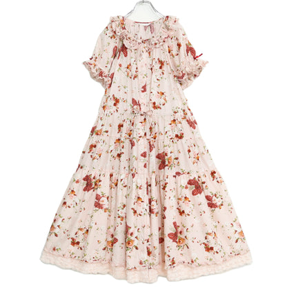【極美品】ピンクハウス★リボンブーケpt♪半袖ワンピース ピンク系 前開き サテンリボン&フリル♪2025年製 z22689