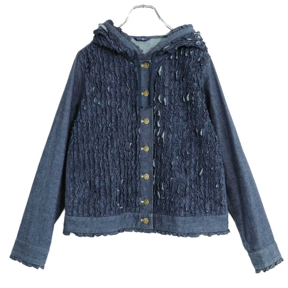 【美品】ピンクハウス★フリル使い♪フード付きデニムジャケット 大きいサイズL インディゴブルー系 前開き 無地 z21849