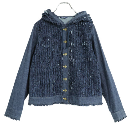 【美品】ピンクハウス★フリル使い♪フード付きデニムジャケット 大きいサイズL インディゴブルー系 前開き 無地 z21849