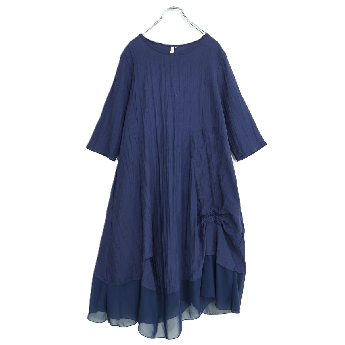 綿&麻♪ゆったり七分袖ワンピース ネイビー系 裾シフォン♪無地 z22786