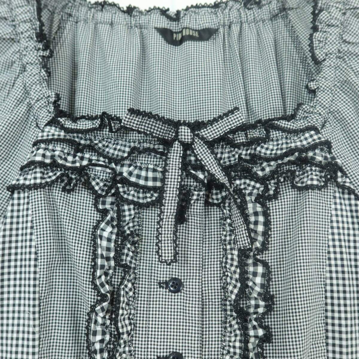 【極美品】ピンクハウス★ギンガムパッチワーク♪前開きローンブラウス 大きいサイズL 黒系 段々フリル&リボン♪z19567