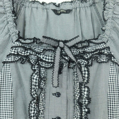 【極美品】ピンクハウス★ギンガムパッチワーク♪前開きローンブラウス 大きいサイズL 黒系 段々フリル&リボン♪z19567