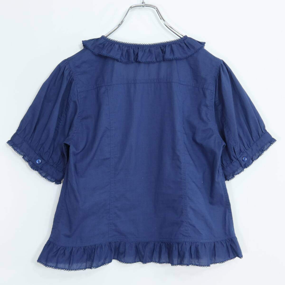 【美品】ピンクハウス★繊細ピコレースが可愛い♪ 五分袖ブラウス 綿ローン サイズM 紺系 z19975