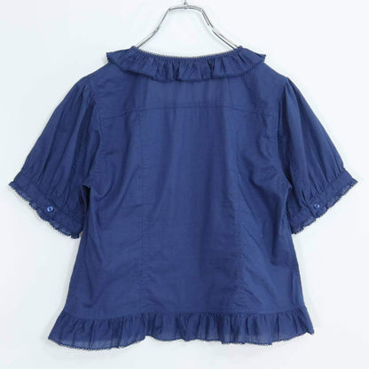 【美品】ピンクハウス★繊細ピコレースが可愛い♪ 五分袖ブラウス 綿ローン サイズM 紺系 z19975
