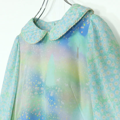 【美品】フランシュリッペ★ロマンティック♪ワンピース サイズM 虹色系 替え襟付き♪花と森プリント♪z15803