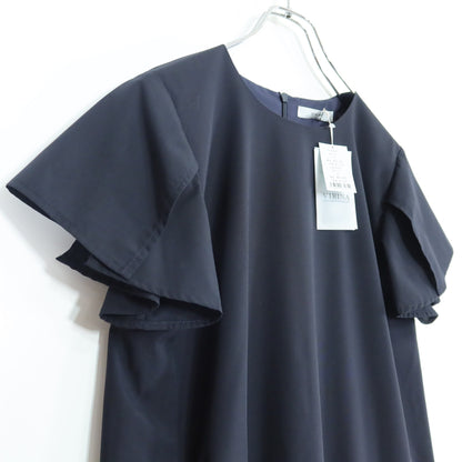 【美品】VIRINA ヴィリーナ★ケープ付き半袖ワンピース サイズXS 濃紺系 ドレープ感たっぷり♪総柄 z19779