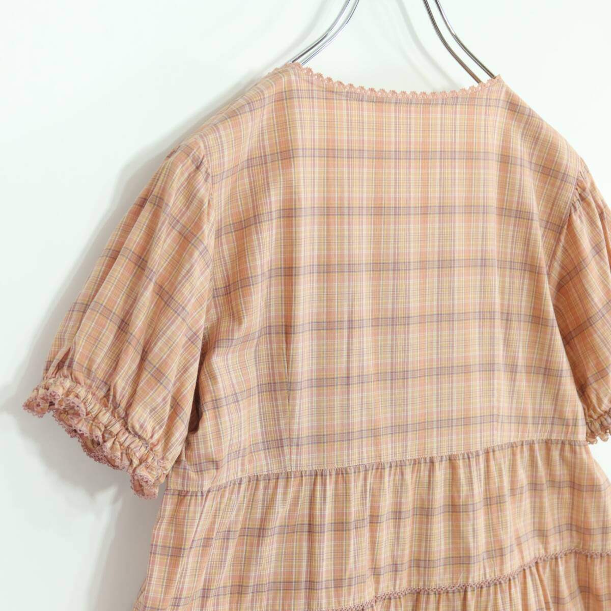 【美品】ピンクハウス★オリチェpt&ニットレース♪チュニックブラウス オレンジ系 前開き パフ袖♪薄手 z19617