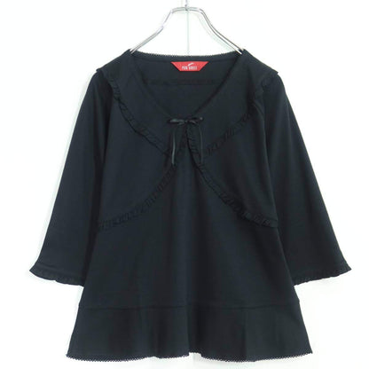【美品】ピンクハウス★上下セット 重ね着風カットソー&ギャザースカート 大きいサイズL 黒系 フリル&リボン♪無地 z19859
