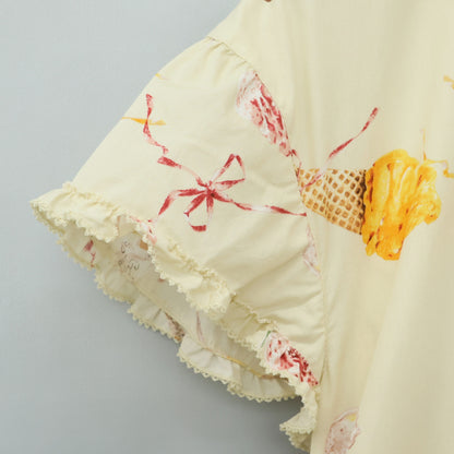 【美品】ピンクハウス★アイスクリームpt♪ふんわり半袖ワンピース 薄黄色系 フリル&リボン♪薄手 z23281