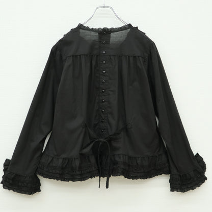 【極美品】ピンクハウス★たっぷりフリル&リボン使い♪長袖ローンブラウス 黒系 無地 薄手 z23293