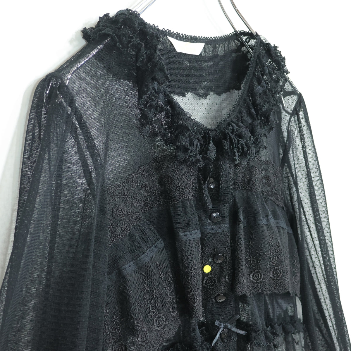 【極美品】ピンクハウス★ドットチュールレース♪長袖ブラウス 黒系 前開き サテンリボンも♪2025年製 z22502
