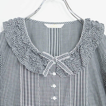 【美品】ピンクハウス★カットワーク刺繍♪ギンガムチェック 長袖ブラウス 黒系 前開き はしごレース リボン♪z21336